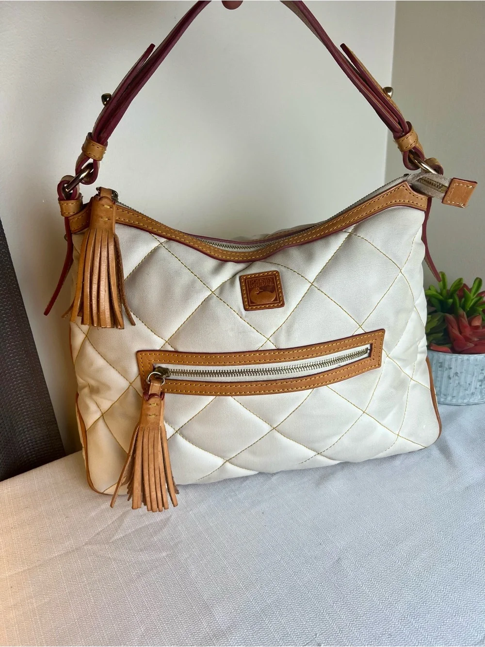 Dooney & Bourke Cream Quilted Shoulder Bag with Tan Trim